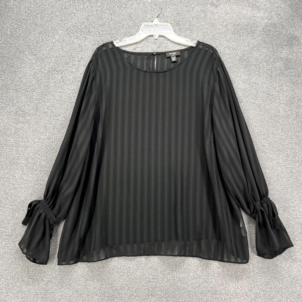 Lord & Taylor Top Woman 3X Black Sheer Crepe Tunic Blouse Ruffled Cuffs Striped